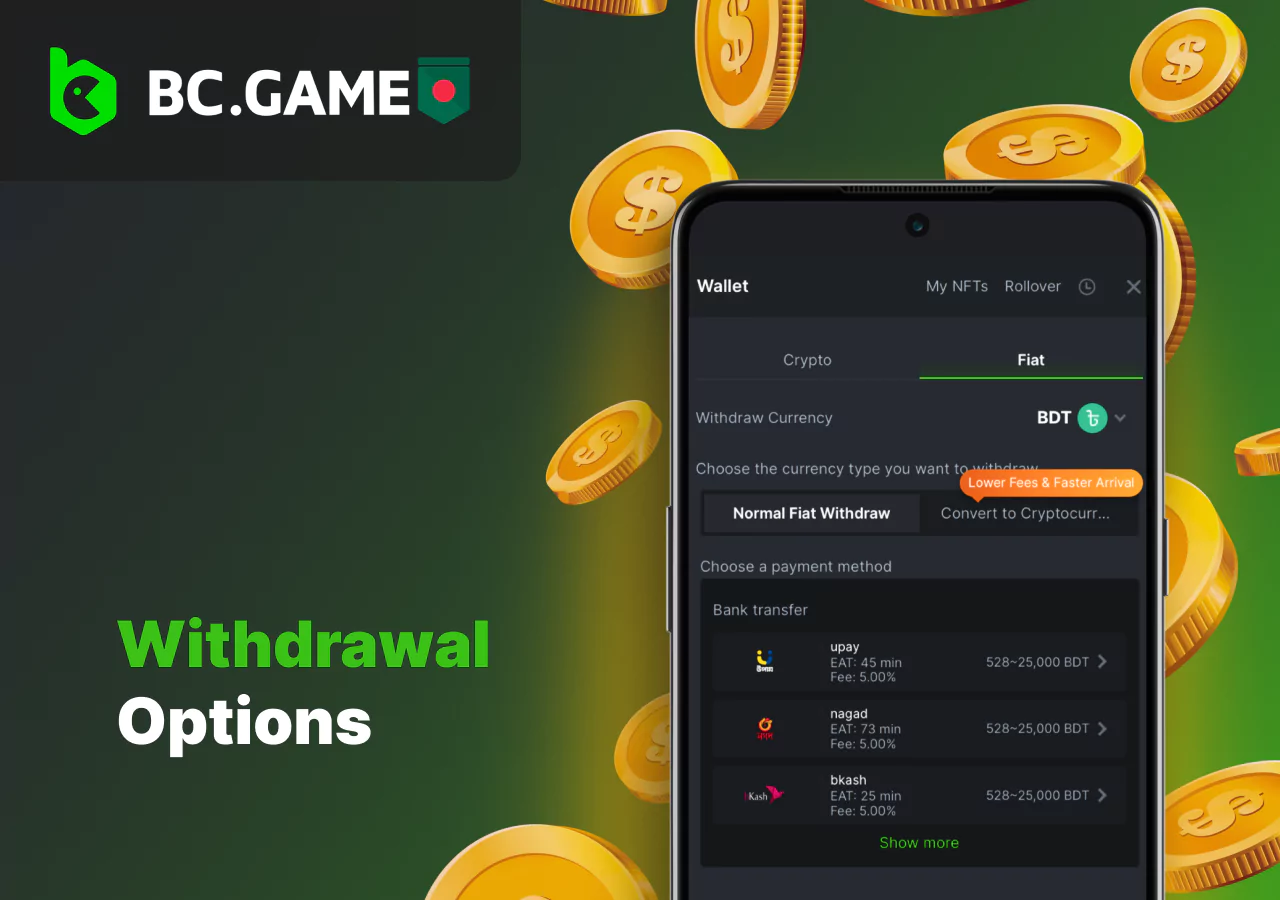 Withdrawal options from BC Game platform